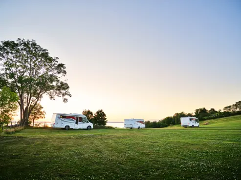 Kabe husbilar och husvagnar på gräsäng